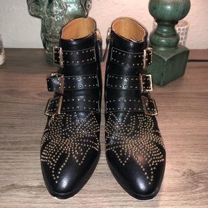 Black Leather Gold Rockstud Ankle Booties Low Heel